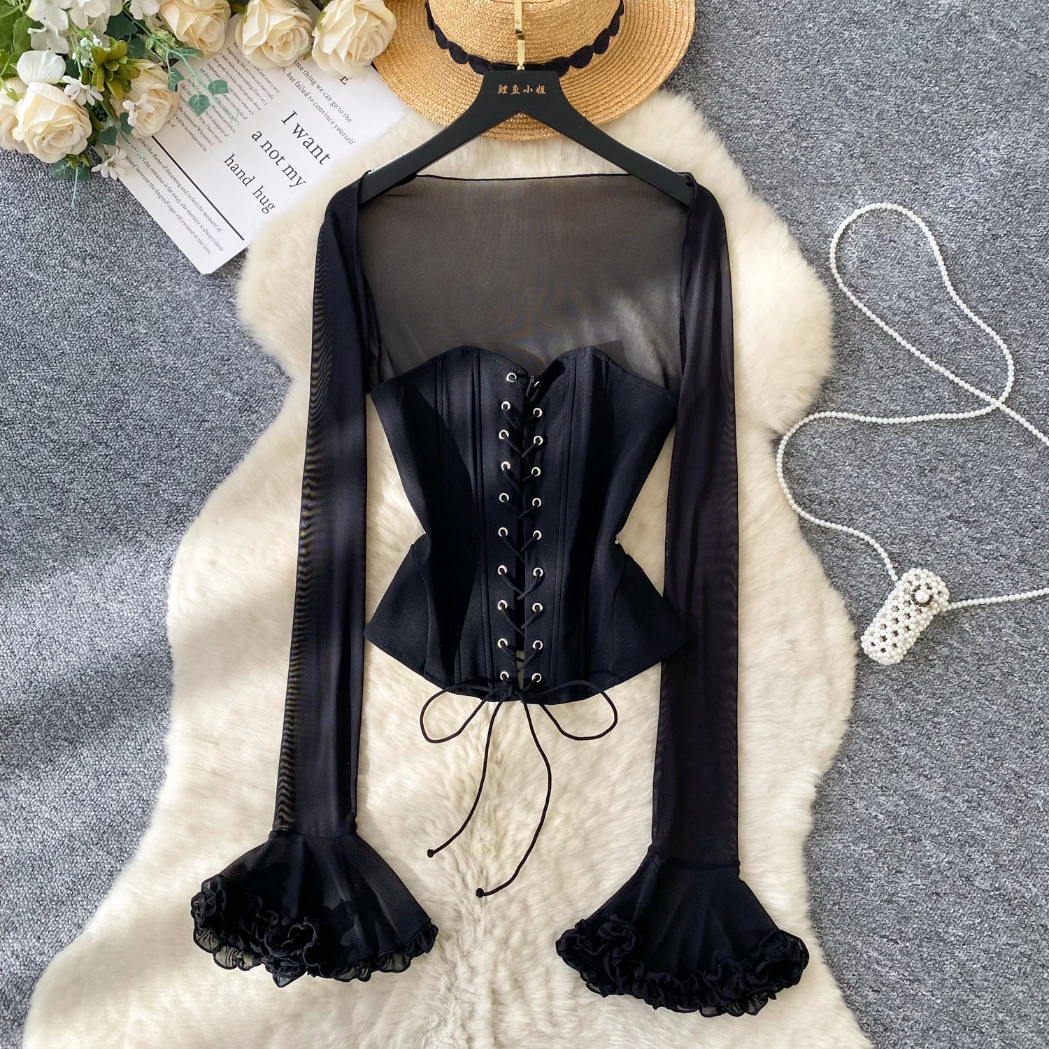 

Женские повязки Hotsweet, рубашки, корсет Ins, шикарные топы для ночного клуба Spicy Girl с квадратным вырезом, без бретелек, с расклешенными рукавами, сетчатые готические топы Y2K