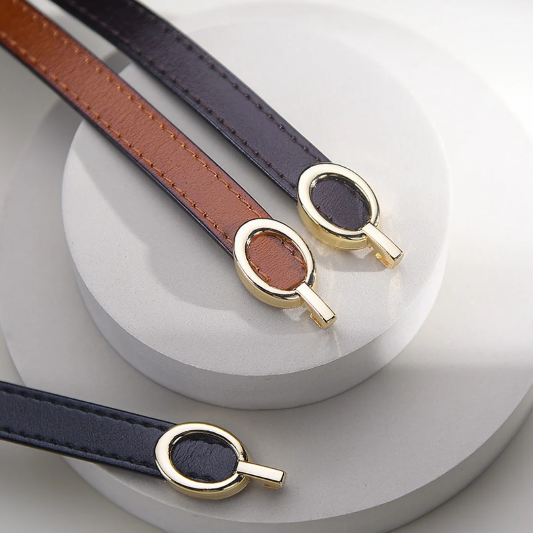 Luxury Genuine Leather Thin Belt for Women Adjustable Oval Alloy Buckle Waist Belt with Embossed Texture for Dress Office