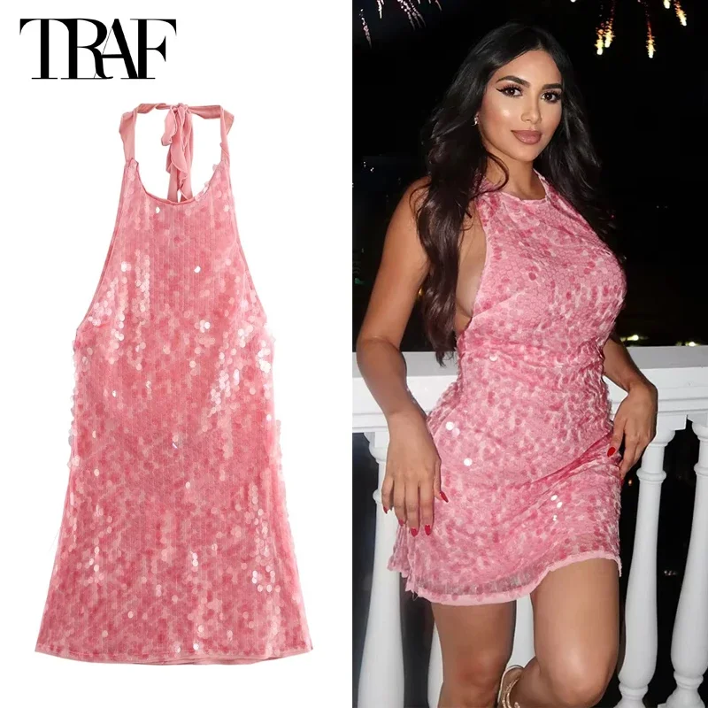 Nuevo Mini vestidos rosas de lentejuelas para mujer, vestido Sexy con espalda descubierta y cuello Halter, vestidos de noche de lujo para mujer, vestido de malla semitransparente