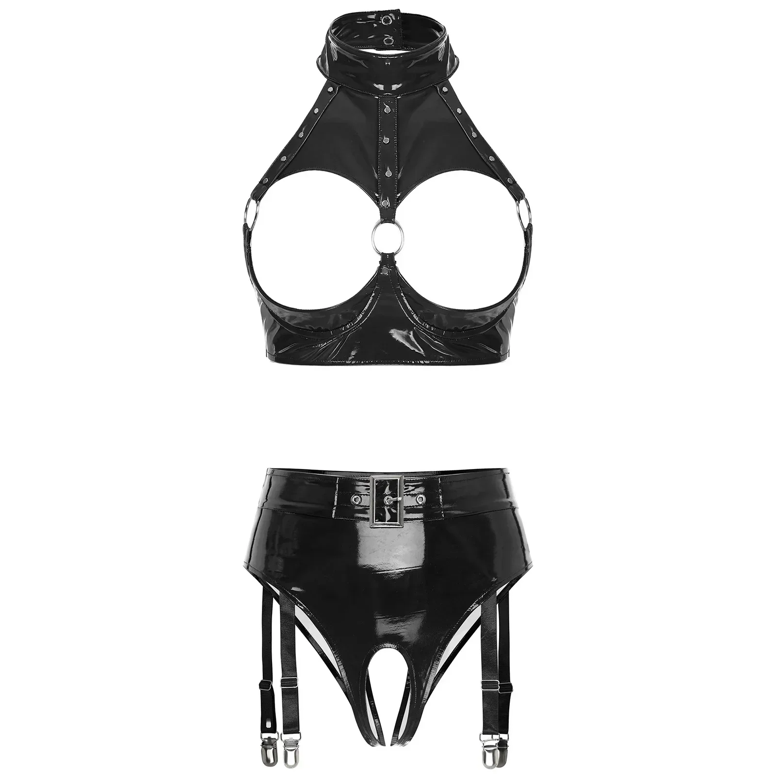 ملابس داخلية مثيرة للنساء ذات مظهر رطب لامع من الجلد اللامع وكوب مفتوح حمالة صدر بسلك سفلي ملابس داخلية عالية الخصر بدون حمالات مع رباط