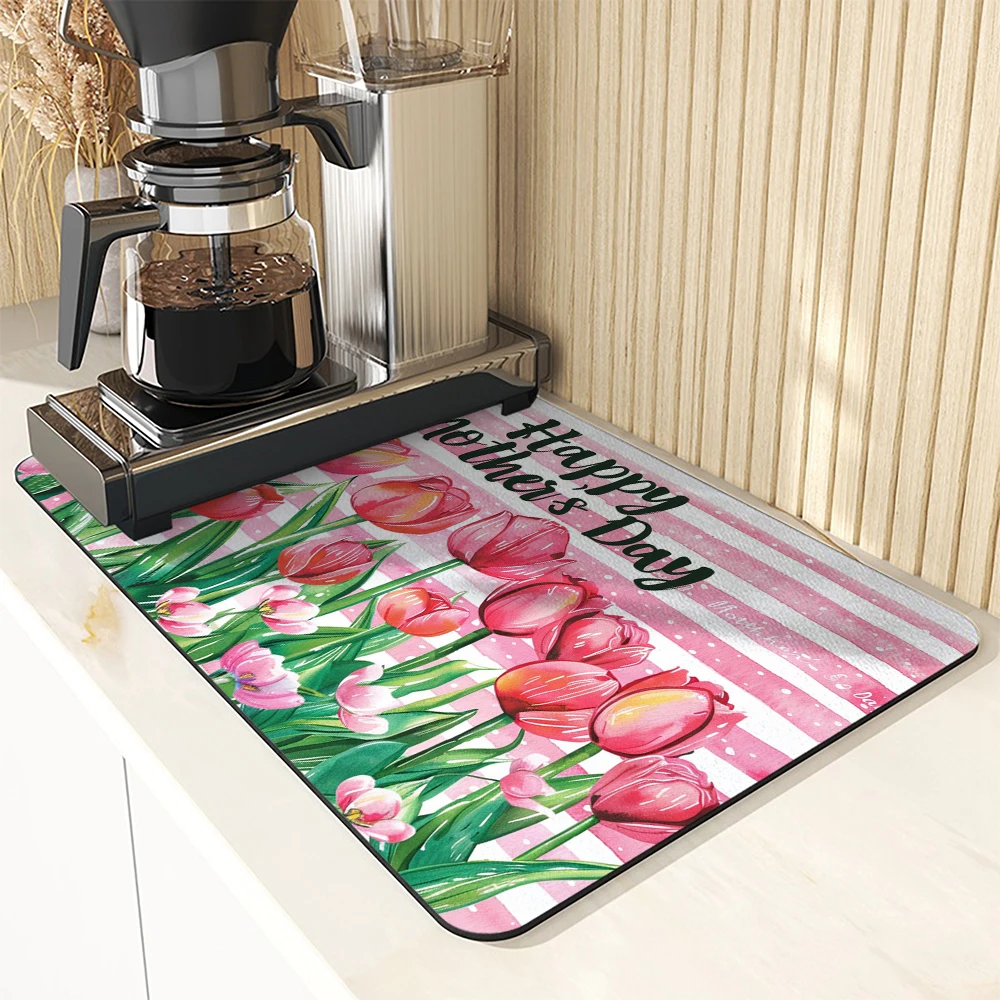 Absorbent Anti-slip Coffee Dish Mats Mother's Day Flower  Kitchen Absorbent Draining Mat Drying Mat Quick Dry Bathroom Drain Pad