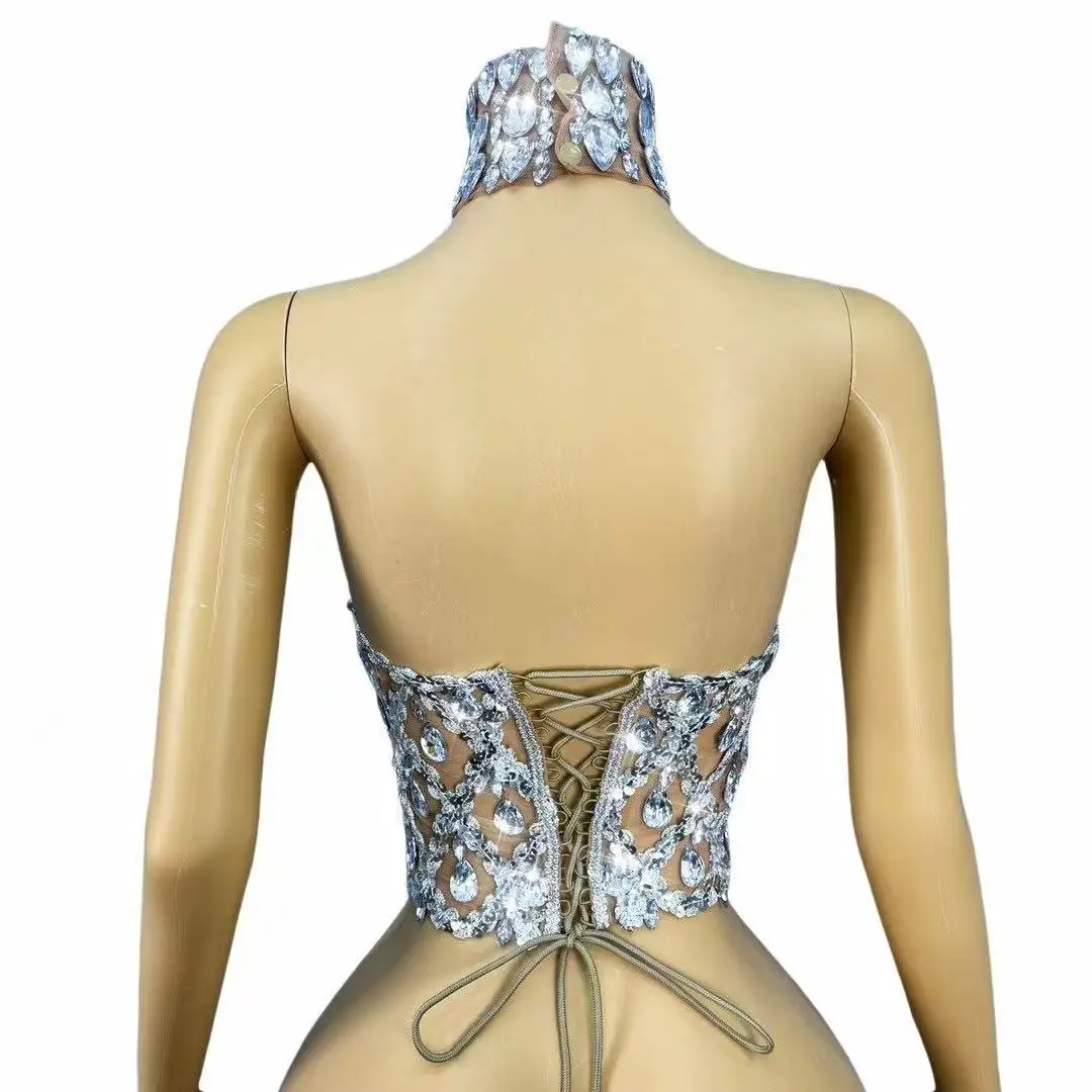 섹시한 빛나는 라인 석 투명한 메쉬 붕대 탑 부품 착용 여성 생일 파티 축하 패션 쇼 의상 무대 착용