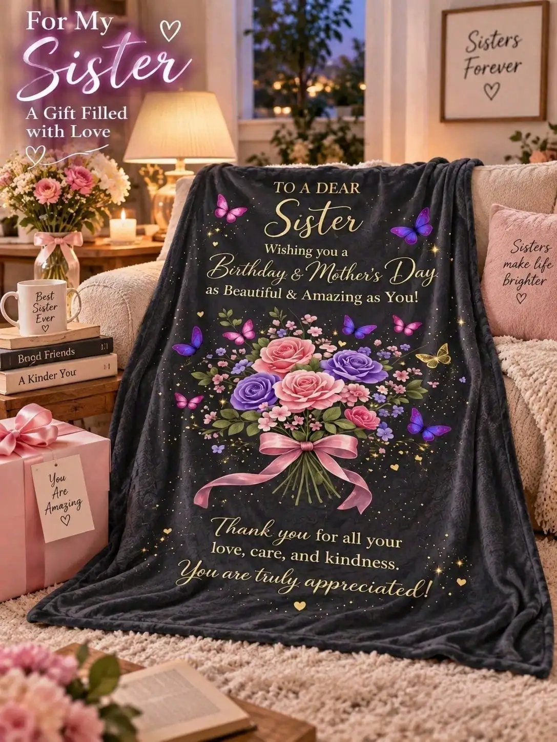 Sister Floral Vase Flannel Blankets Appreciation Message Sofa Bed Throw Home Decor Bedroom Living Room Christmas Halloween Thanksgiving Birthday Anniversary Housewarming Gift Family Friends Apartment Winter Holiday Reading Nook Dorm Office Couch