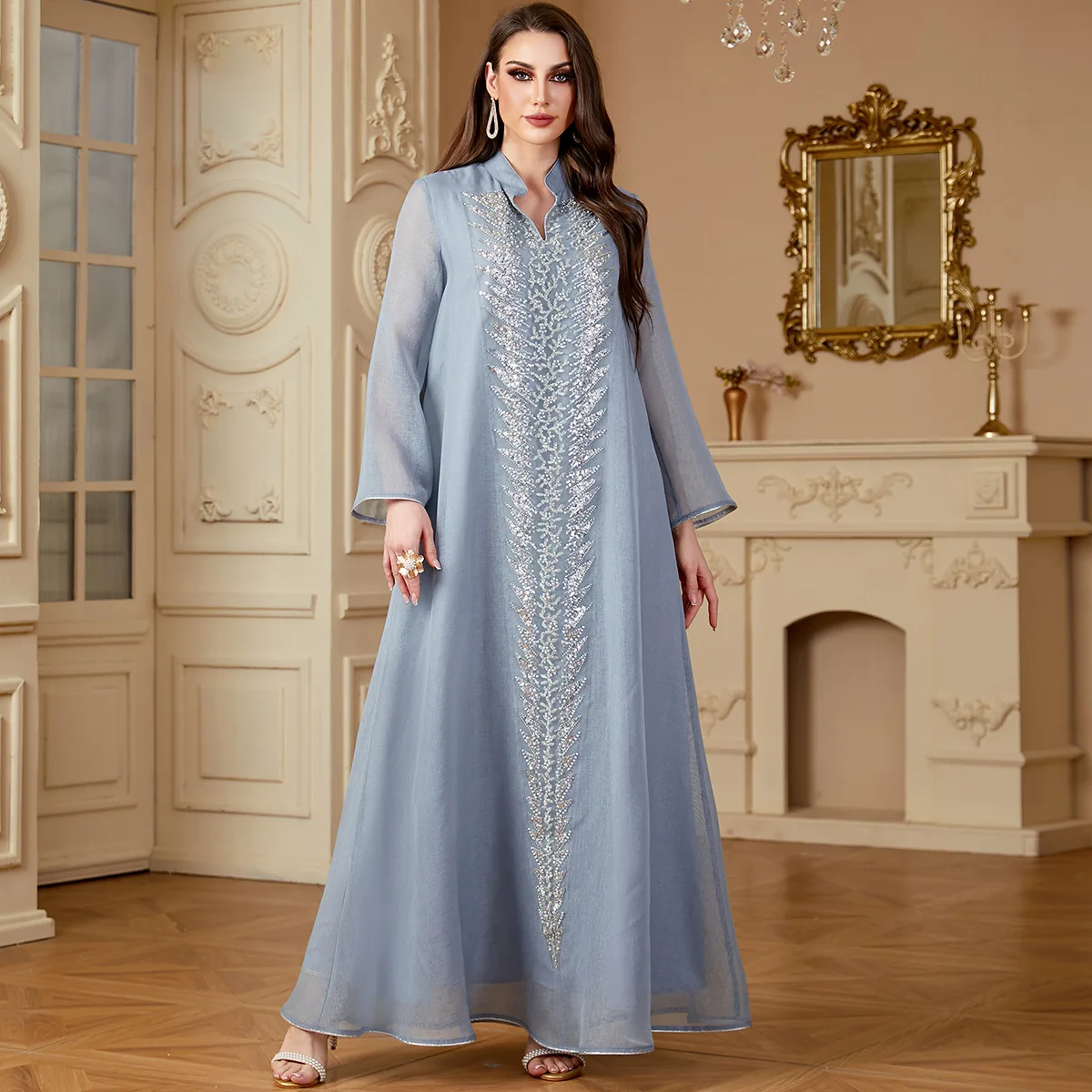 Abaya, Middle East Women's Robes Heavy Beaded Embroidery Muslim Fashion Solid Color Long Sleeve Dress, Dubai Evening Dress Women