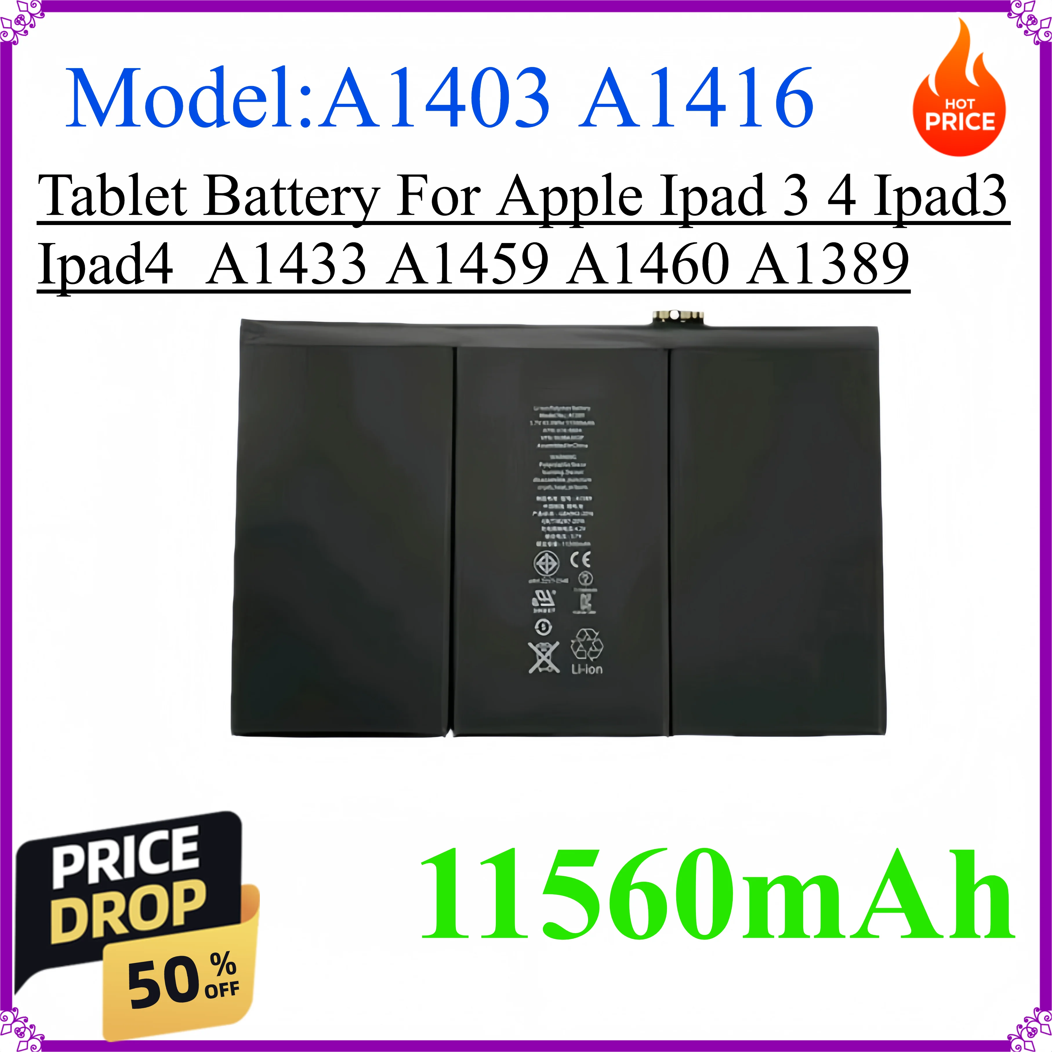 

Tablet Battery 11560Mah For Apple Ipad 3 4 Ipad3 Ipad4 A1403 A1416 A1430 A1433 A1459 A1460 A1389