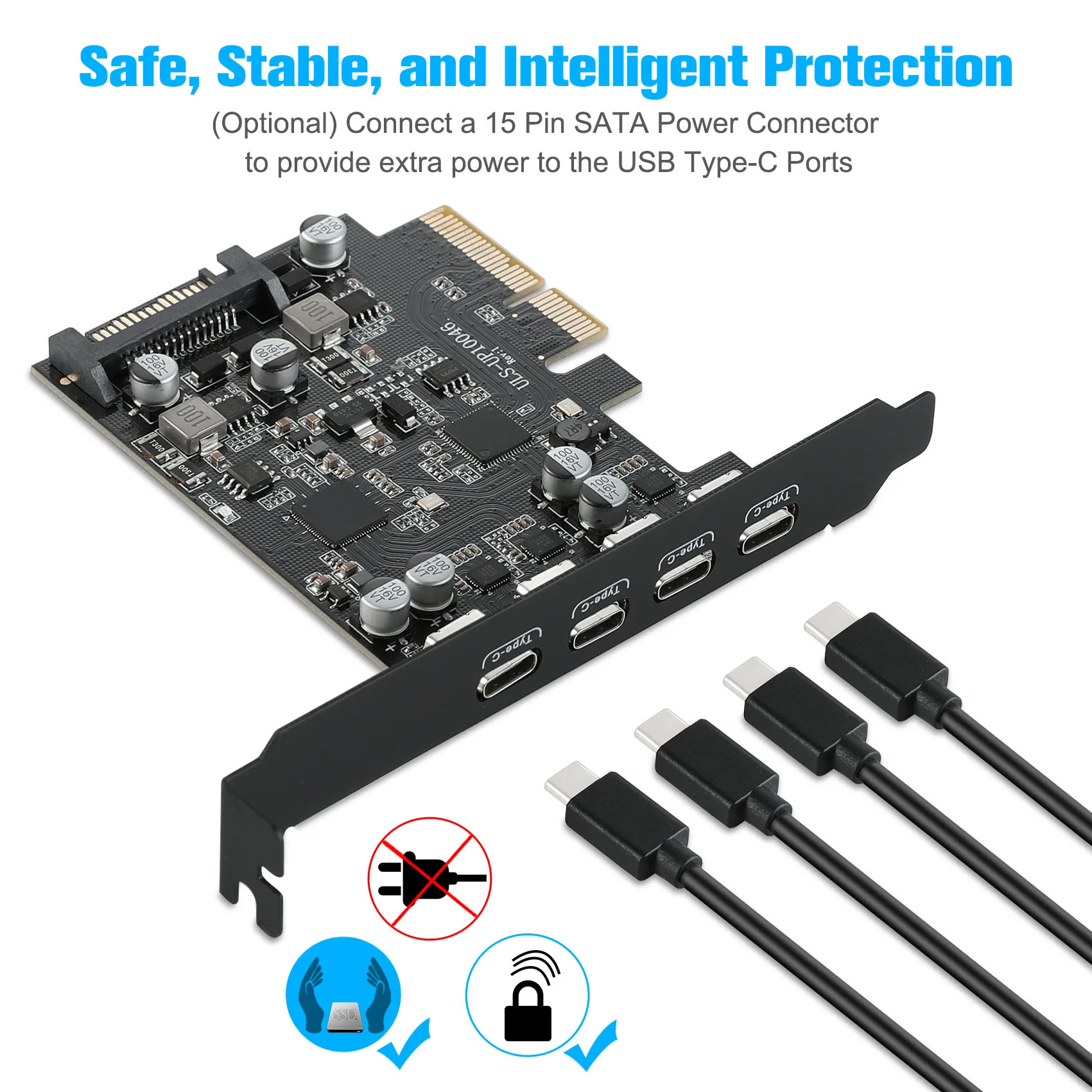 PCIe X4 to 4 Port USB3.2 Gen2 Type C Converter Card Power-free, SATA-powered, multiple power supply