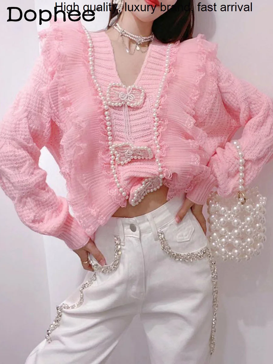 

Beads Heavy Industry Bow V-neck Knitted Jumper Women 2023 Autumn and Winter Elegant Lace Sweet Pink Loose Sweater Pullover Top