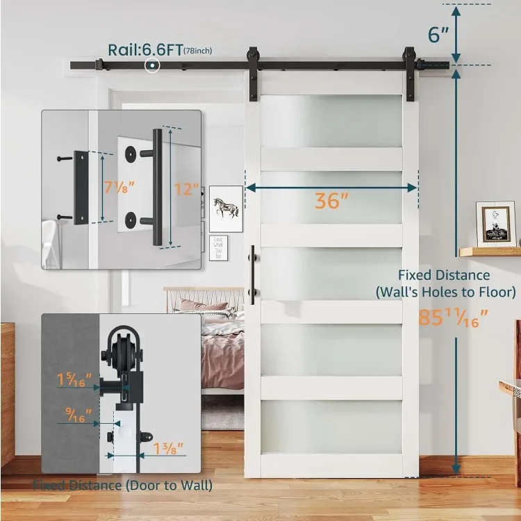 36'' x 84'' Glass Barn Door and 6.6 Ft Hardware Kit Included, MDF White Barn Door Slab with Frosted Glass, PVC Surface