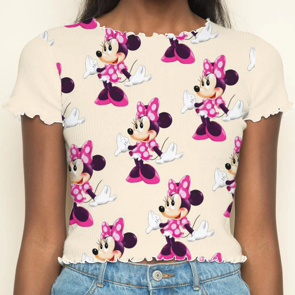 Crop Tops Sexys Woman Clothing Minnie Mouse T-shirts Lettuce Trim T-shirt Disney Short Sleeve Summer Clothes Women 2024 Top Tees