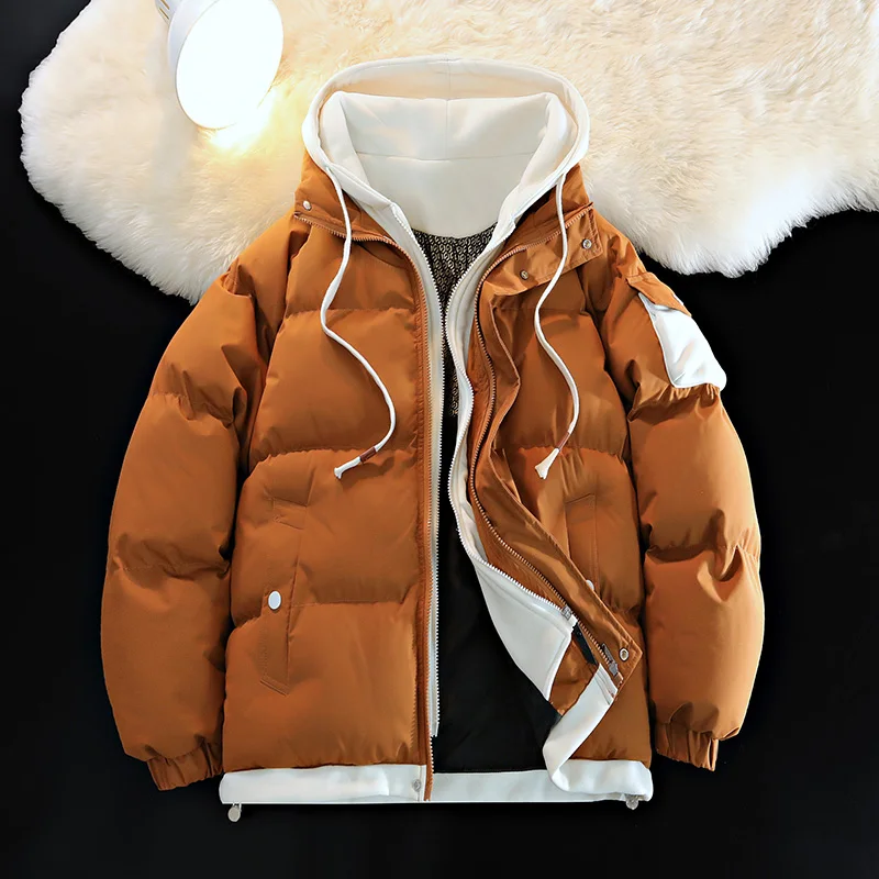 الكلاسيكية الرجال مقنعين سترة قطن وهمية قطعتين الشارع الشهير موضة سميكة معطف الشتاء الدافئ بلون سترة قطن الرجال عادية