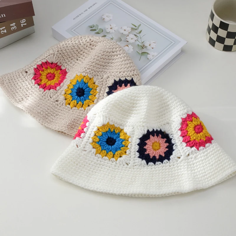 2023 Bucket hat women vintage handmade knitted flower wool bucket hat female autumn winter fisherman hat fashion warm basin hat