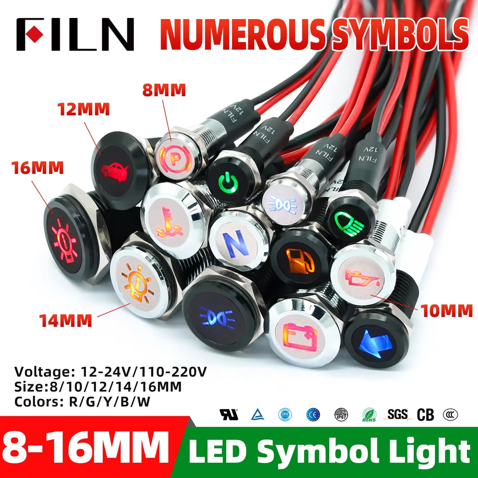 8/10/12/14/16mm Symbol LED Indicator Light 12V 24V Black Metal Indicator Dash Pilot Light with Wire Car Dashboard Ruck Machinery