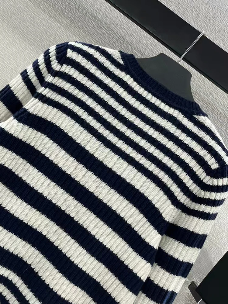 Designer retro matching striped wool blend knit sweater 2024 Fall women\'s new fashion all-in-one stretch pullover