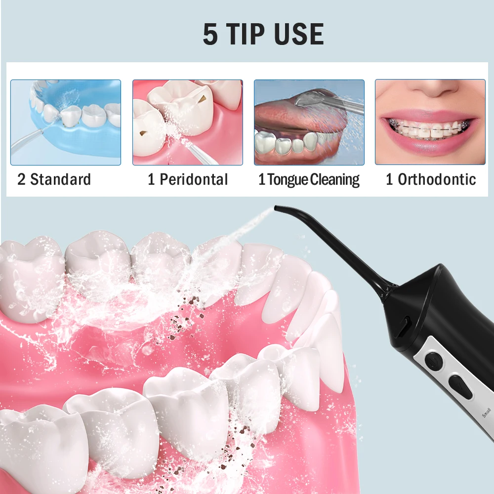 Fairywill Water Flosser 5 Mode Portabel Dapat Diisi Ulang Jet Air Gigi 6 Nozel Tahan Air 300ML Tangki Irigator Mulut untuk Gigi