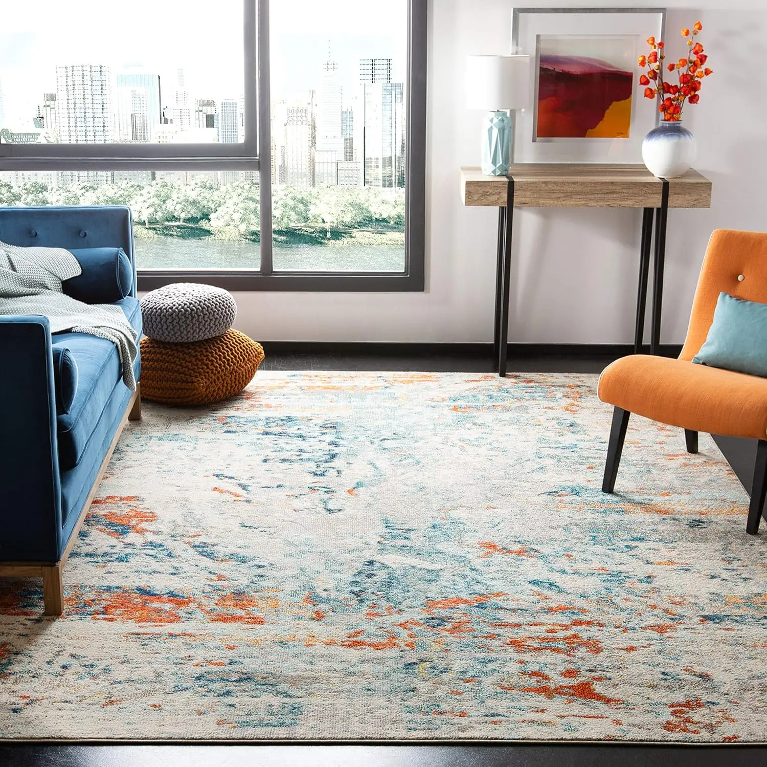 

Area Rug Cream and Orange Modern Abstract Design Non Shedding Easy Care Ideal for High Traffic Areas in Living Room Bedroom