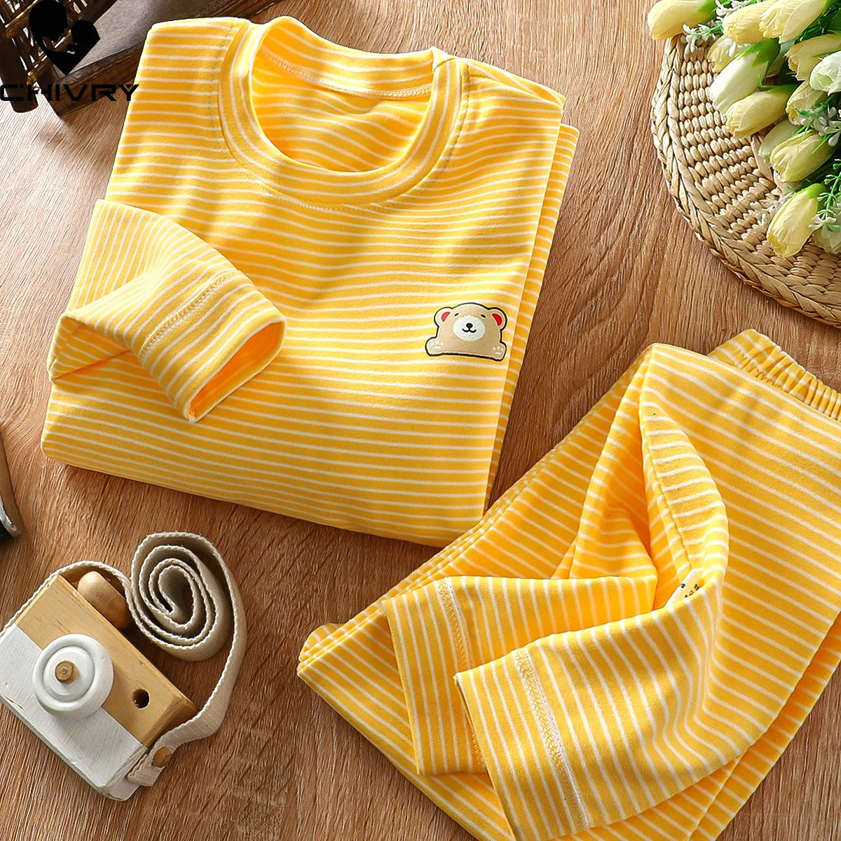 New Autumn Winter Kids Pajamas Baby Boys Girls Striped Thicken Warm T-shirt with Pants Youth Pyjamas Sleepwear Clothing Sets