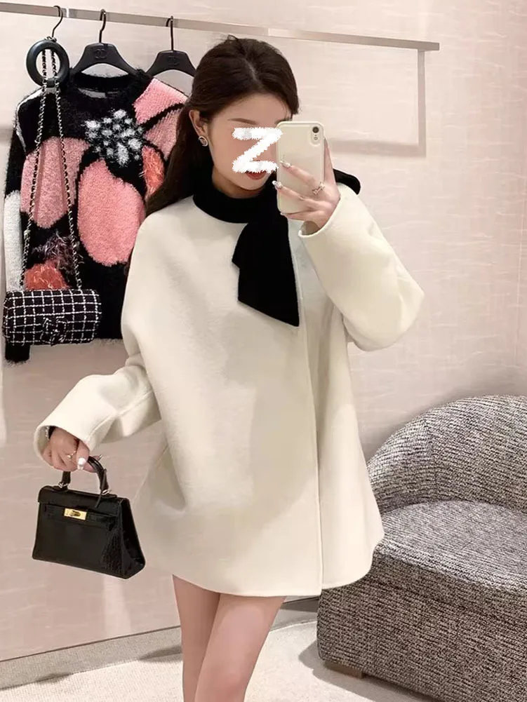 

French vintage black white contrast bow tie Woolen coat for Women autumn winter new Elegant Lady O neck long sleeve coat Y4628