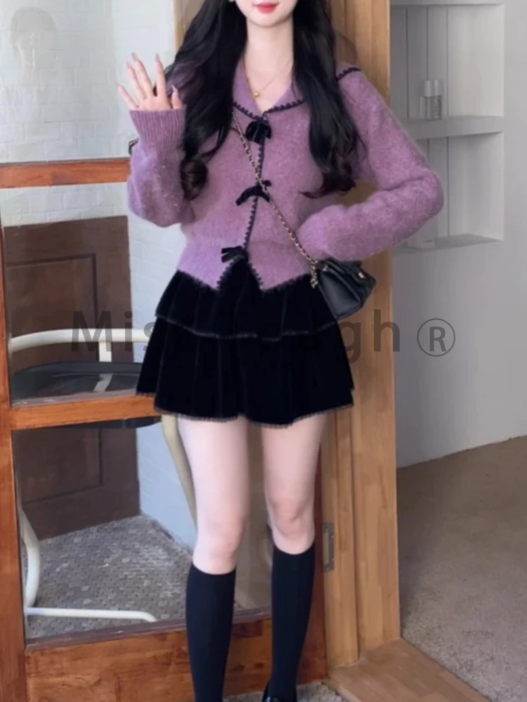 Korean Fashion Knit Autumn Winter Sweet 2 Piece Sets Purple Knitted Cardigan + Pleated Black Skirt New Casual Preppy Style Suits