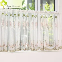 White Floral Sheer Short Curtains for Kitchen Cafe Bookshelf Embroidery Tulle Valance Farmhouse Sliding Door Window Drapes