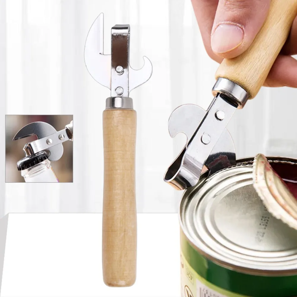 Portable 2 in 1 Wooden Handle Can Opener Pointed Head Multifunctional Bottle Opener Manual Lid Remover Canisters