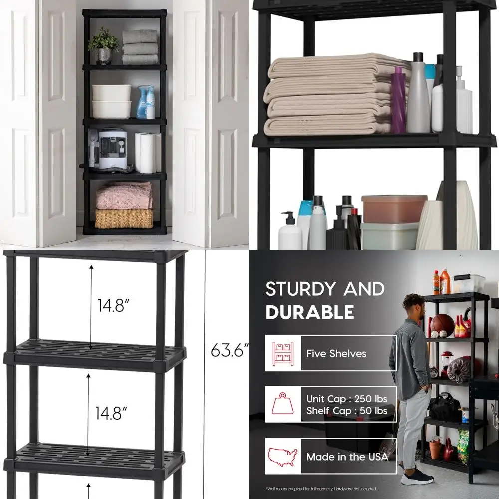 

Пластиковый блок для хранения средней мощности с 5 полками, емкостью 250 фунтов, 64 Г x 24 Вт x 12D, идеально подходит для дома, прачечной, гаража и ванной комнаты — черный