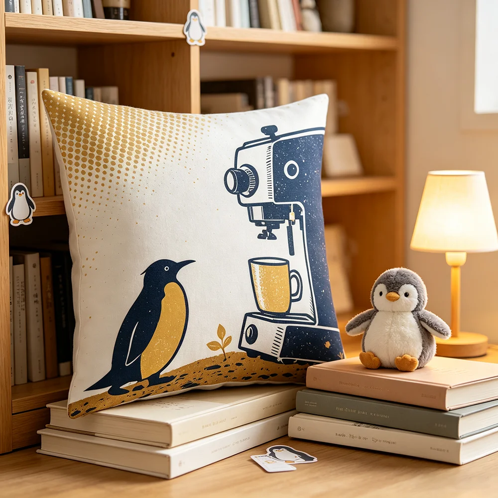 1PC Throw Pillow Cover,Penguin Coffee Machine Blue Print,Cute Cartoon Style,For Sofa Bedroom Couch Home Decor