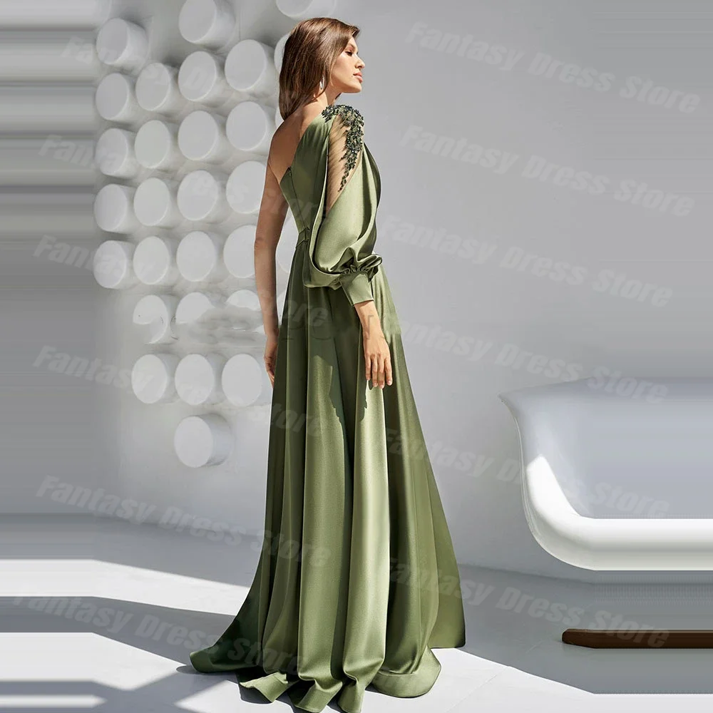 Olive Green Chiffon 2023 Evening Dresses Side Slit One Shoulder Long Sleeves Appliques Prom Gowns For Women Vestidos De Fiesta