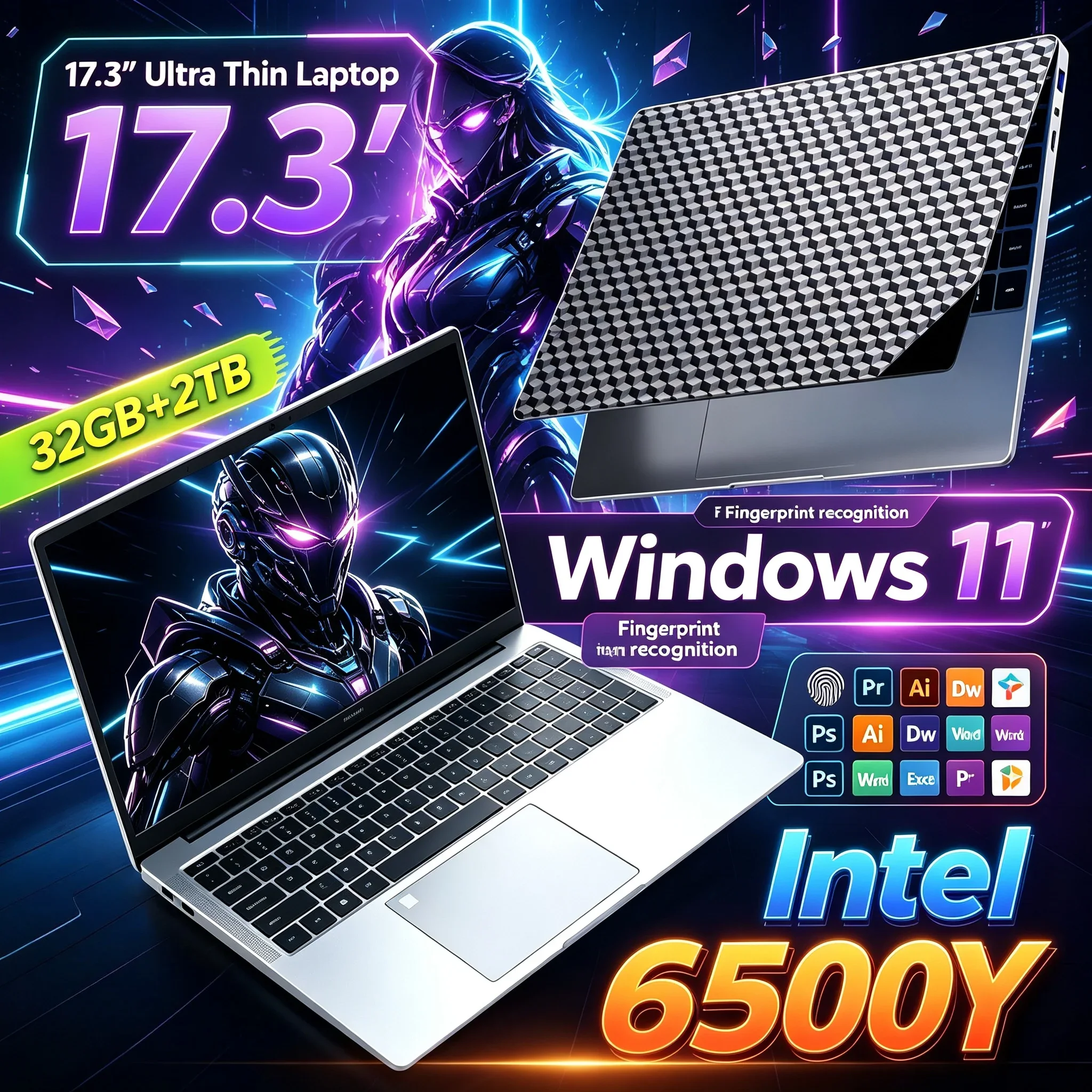 17.3'' HD Large Display Portable Notebook Intel 6500Y 32GB RAM 1TB 2TB SSD Win11 WiFi6 BT5.2 Laptop PC For Office Daily Working