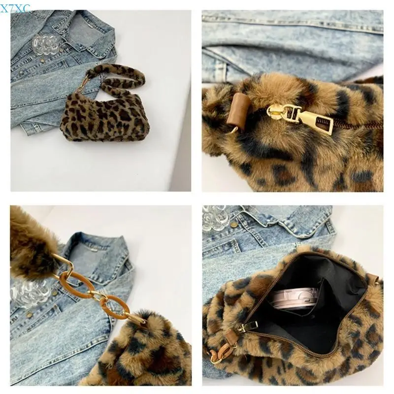 X7XC Leopard Print Shoulder Bag Soft Underarm Bag Plush Armpit Bag Work Travel Bag Autumn Winter Handbag for Ladies