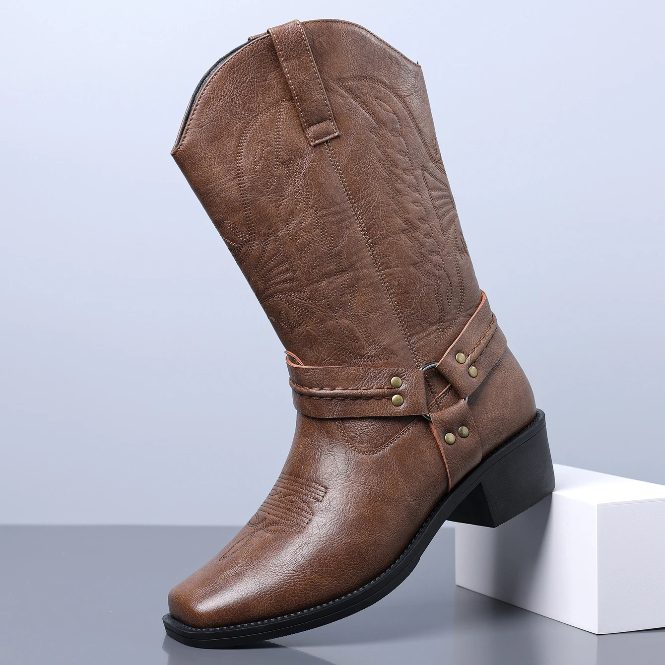 QRLQRL Men's Western Cowboy Vintage PU Leather Square Toe Mid Calf Boots Metal Strap Chunky Heel Motorcycle Riding Boo