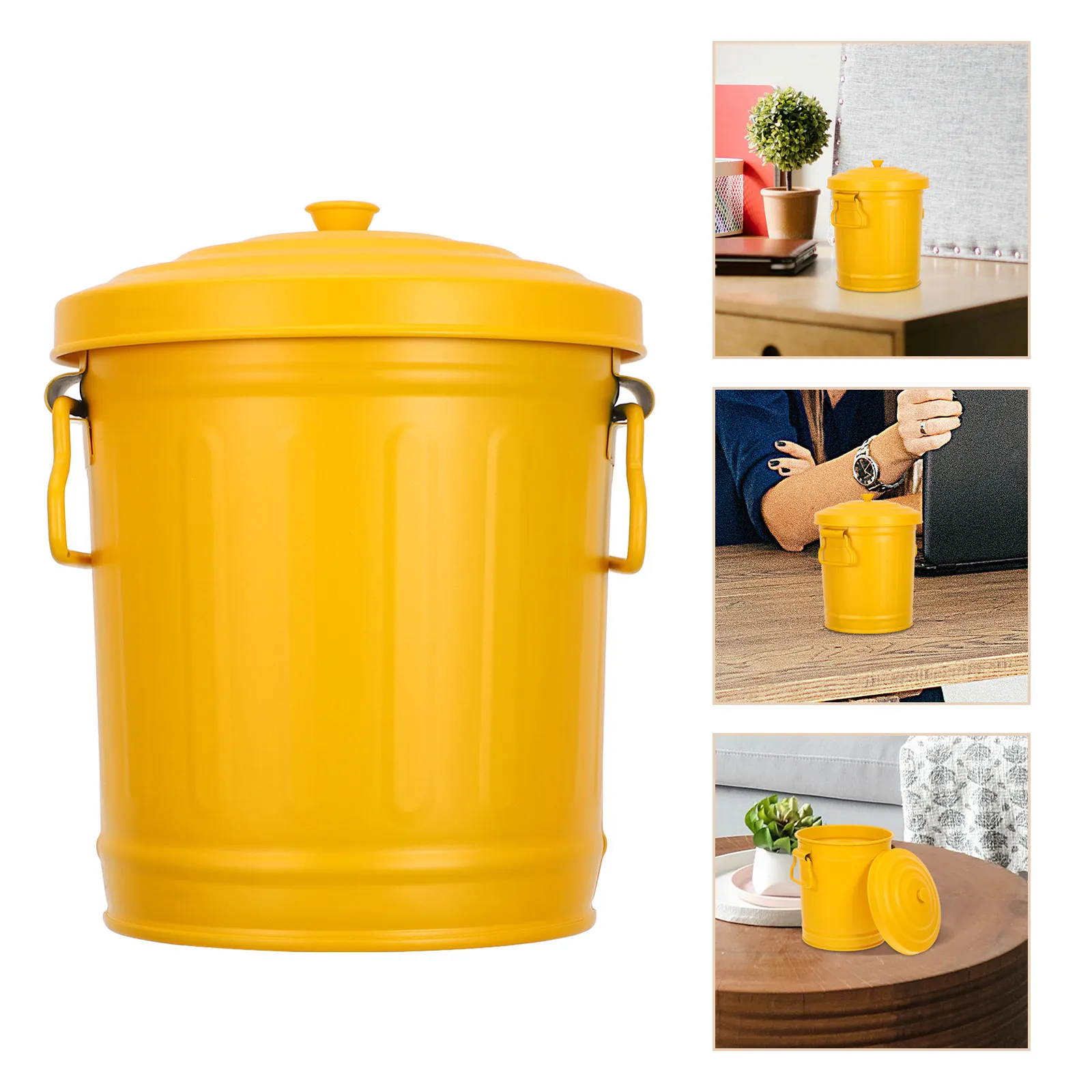 

Элегантная мини-мусорная корзина с крышкой, стильный металлический контейнер для мусора для офисного стола и домашнего использования, маленький контейнер для утилизации скрепок.