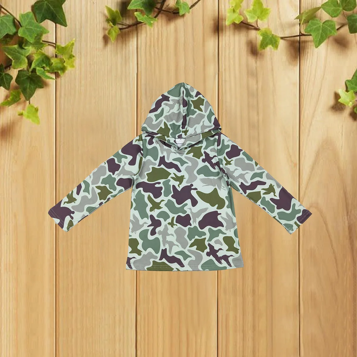 

10.27 Autumn Camouflage Green Hooded Long Sleeve Children's Fashion Top for Kids