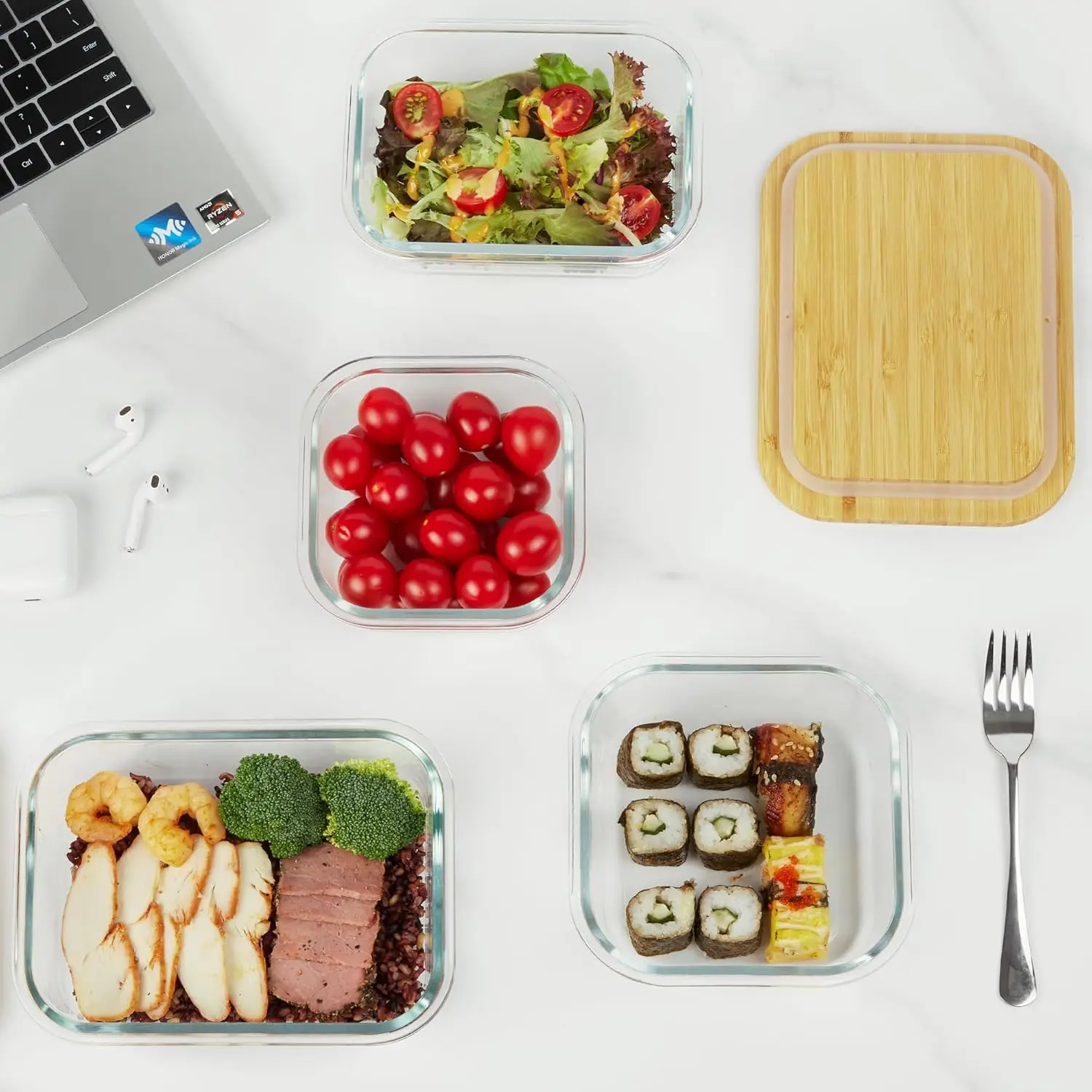 حاويات تخزين الطعام الزجاجية مع أغطية من الخيزران، 4 عبوات من حاويات زجاجية لإعداد الوجبات آمنة للميكروويف والفرن والفريزر