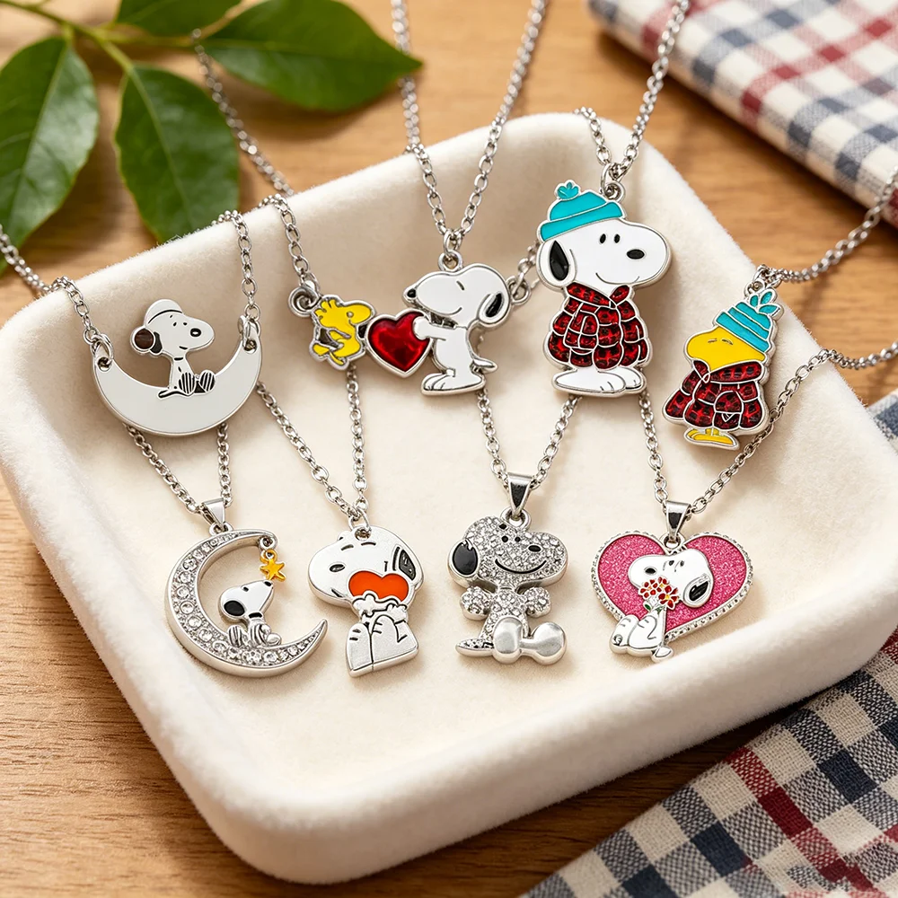 Snoopy & Woodstock Cartoon Pendant Necklace, Cute Enamel & Rhinestone Chain, Kawaii Jewelry for Teens & Women