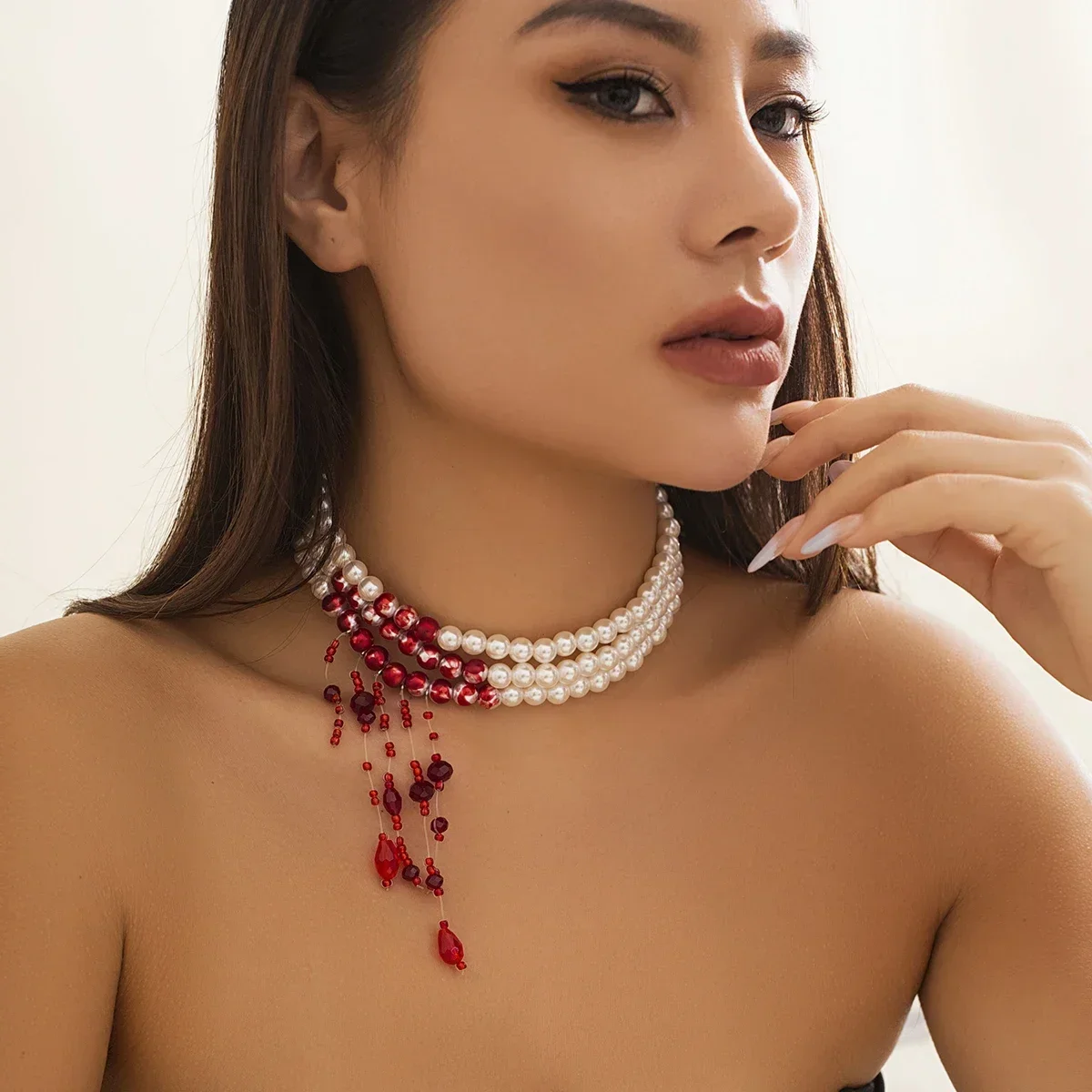 Gothic Style Pearl Necklace Choker Halloween Blood Drop Tassel Imitation Crystal Collarbone Chain