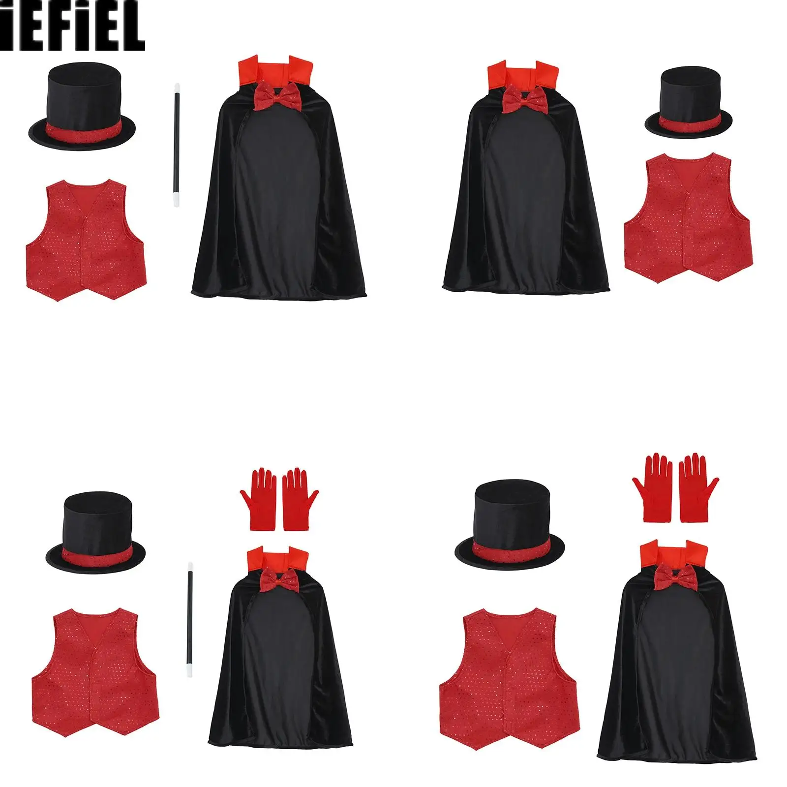 Kids Halloween Magician Vampire Costume Bowtie Cape Sequin Vest Velvet Top Hat Gloves And Wand for Performance