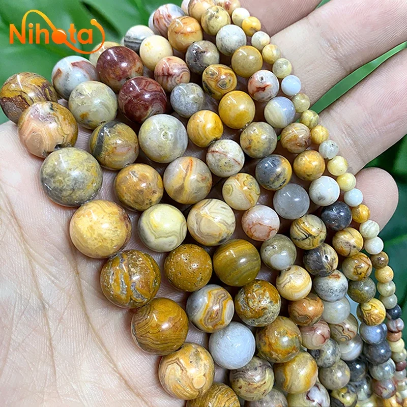 Smooth Natural Yellow Crazy Lace Agates Round Loose Beads DIY Bracelet Accessories For Jewelry Making 15'' Strand 4/6/8/10/12MM