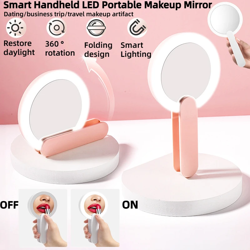 360 °   Rotierender LED-Schminkspiegel, rotierender Schalter, Lichthand-/Desktop mit doppeltem Verwendungszweck, Aufladen, tragbarer Spiegel, Make-up jederzeit berühren