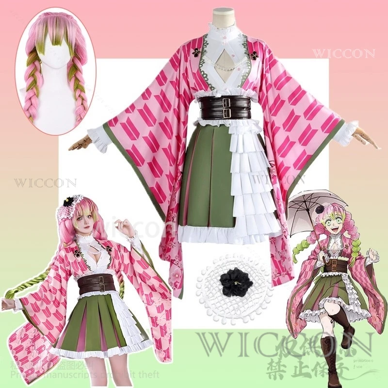 Kanroji Mitsuri Anime Dämon Mörder Cosplay Kostüm Für Frauen Mädchen Erwachsene Halloween Weihnachten Kimono Lolita Kleid Perücken Angepasst