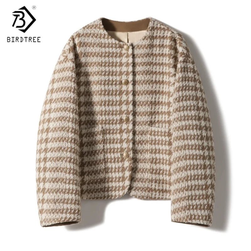 

Birdtree,Wool Blended Coat,Woman Stripe Jacket,Single Breasted,O-neck Tops,Commuting Style,Autumn Winter Short Coats T5N919JF