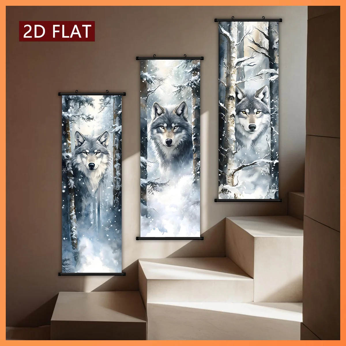 VIKAMA Watercolor Winter Wolf Triptych Wall Scroll Poster Gray Snowy Forest Wildlife Ink Wash Canvas Art Print Home Aesthetic