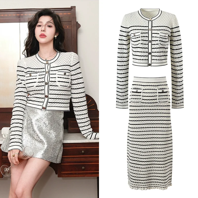 

CHUJIE Women's Striped Knit Set 2026 - Resort Cropped Top & Midi Skirt, Vacation Ready Casual Outfit - 2-piece set