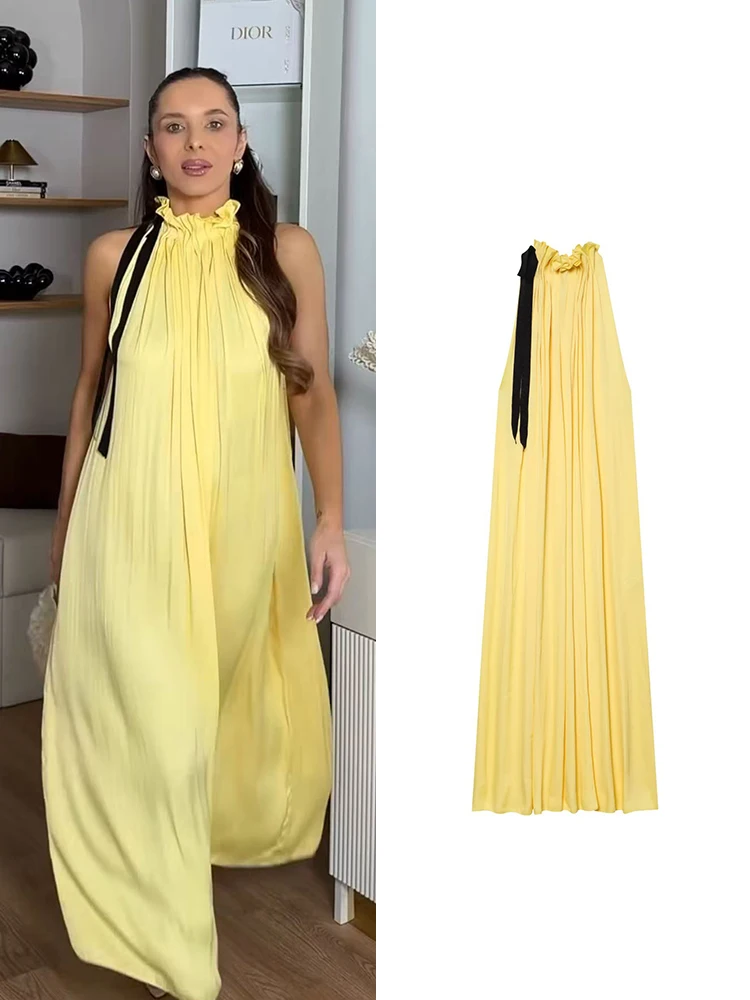 TFMLN Damen Partykleid, schickes ärmelloses Maxikleid mit Schleifenkragen, temperamentvolle Strand- und Urlaubskleidung, Sommerliches einfarbiges Neckholder-Maxikleid