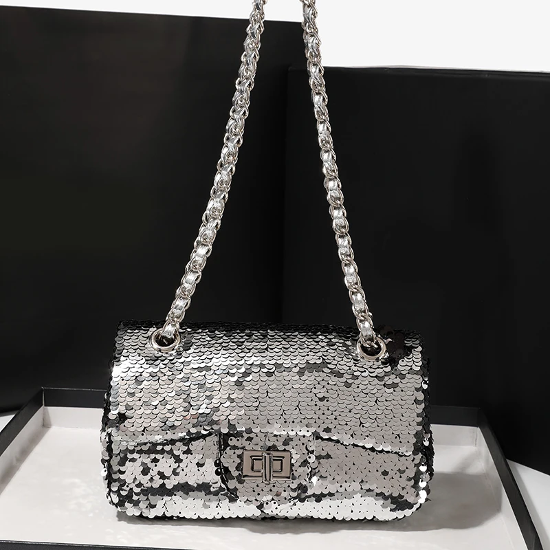 2024 New Women\'s Luxury Brand Shoulder High-end Cell Phones Bag, Fashion Small Silver Sequin Embroidered Cross-body Party Bags