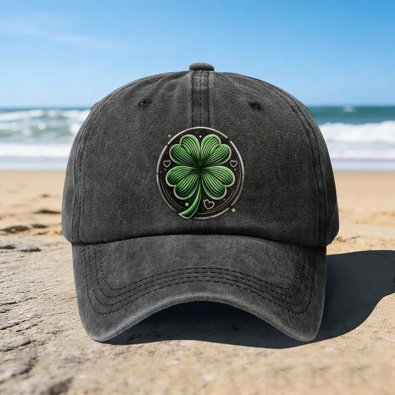 Four-leaf Clover Print Washed Cotton Baseball Cap Unisex Adjustable for Outdoor Beach Hiking