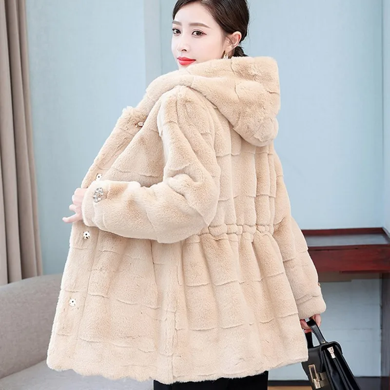 Denmark Mink Women\'s Fur Coat 2021 Winter New Fashion Rhinestone Elegant Thick Warm Outerwear Fake Fur Coat Loose Hooded Female