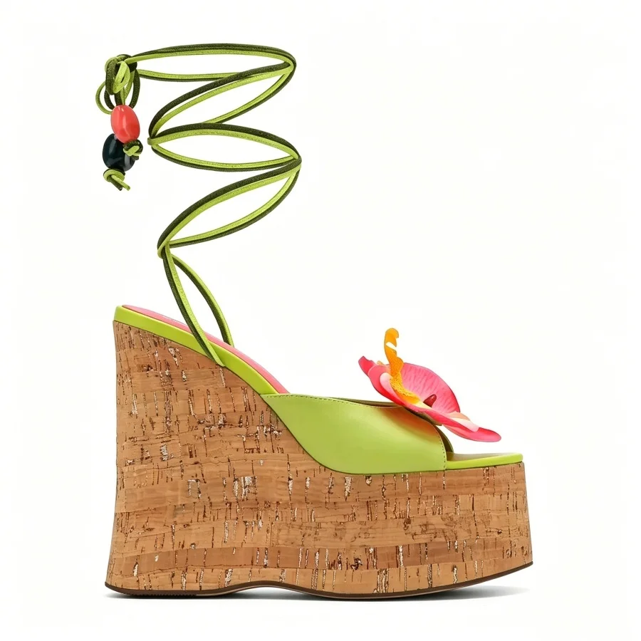 

Women Leather Mesh Orchid Flower Decor Cork Platform Wedge Sandals Rivet Wrap Ankle Lace Up Beaded Strap Mules Beach Slippers