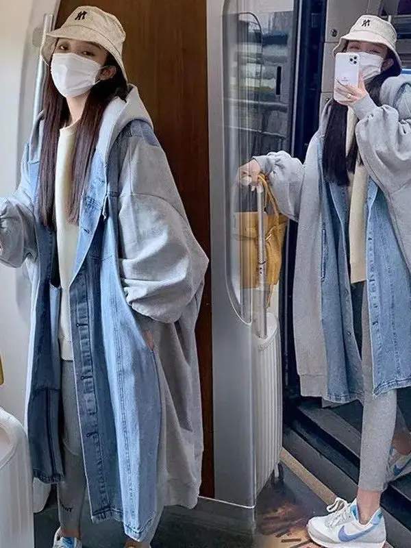루즈핏 후드티 여성 데님 패치워크 캐주얼 워크웨어 아우터웨어 중간 길이 다용도 탑 대형 사이즈 300 포