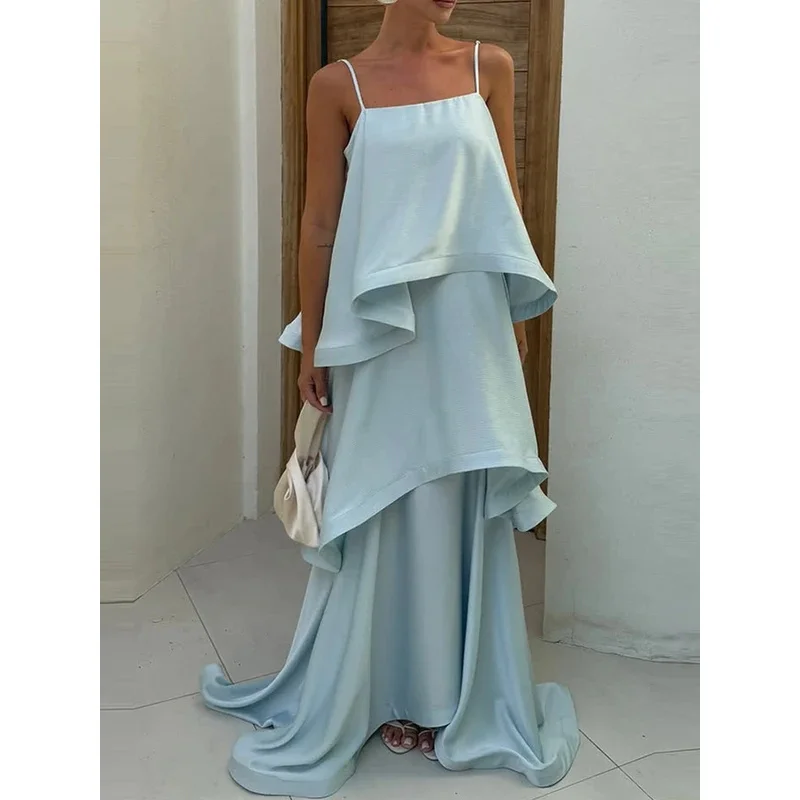 

BKQU Elegant Satin Vacation Long Dress Women Layered Ruffles Sleeveless Backless Loose Sling Beach Party Maxi Dress 2026 Summer