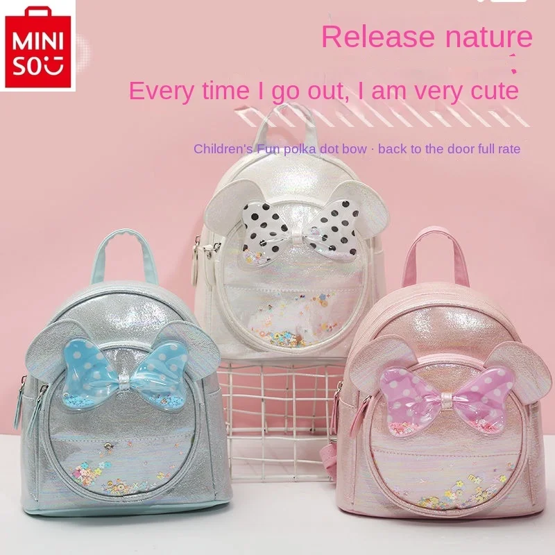 

MINISO 2024 New Cartoon Minnie Dot Bow Children's Backpack Casual and Cute Princess Book Bag